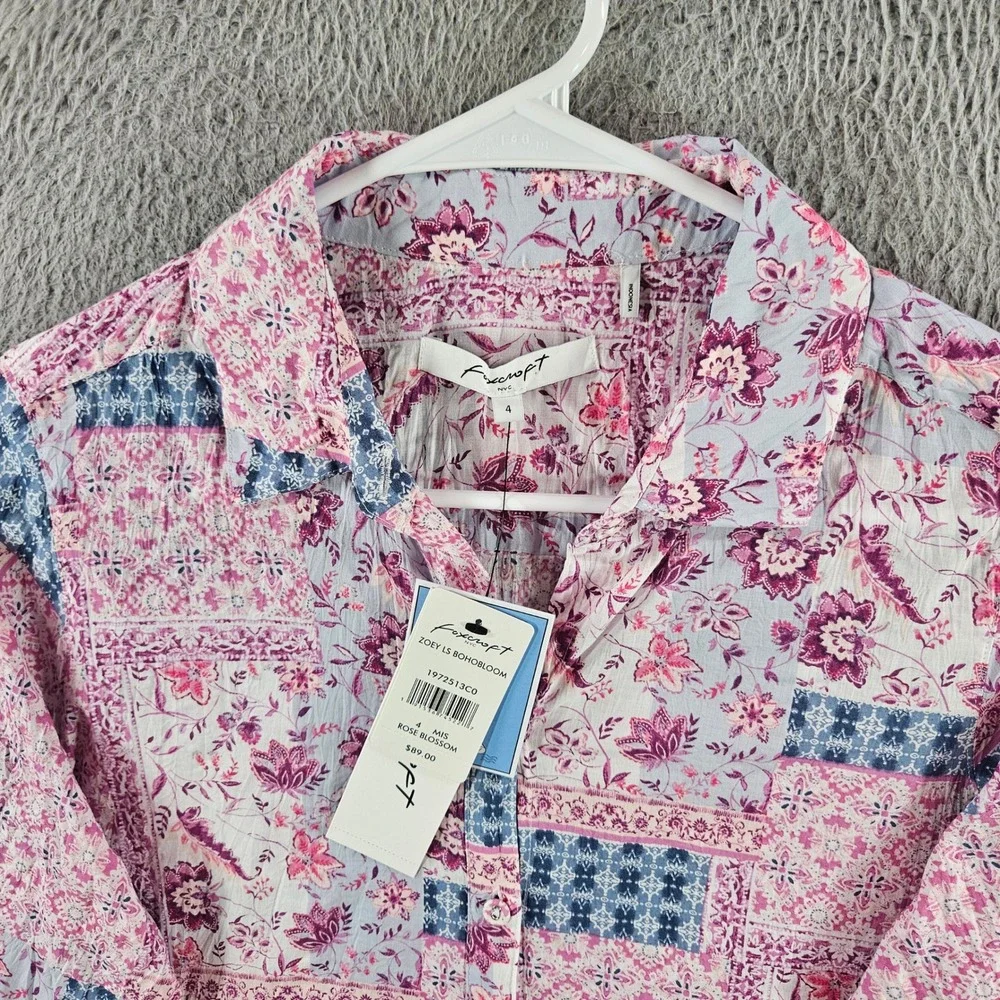 Foxcroft NYC Zoey LS Boho Bloom Patchwork‎ Floral Shirt Rose Blossom Size 4 NEW